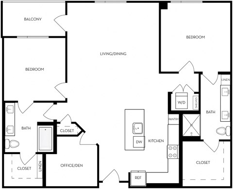 Floor plan for 2 beds, 2 baths, 1377 sqft